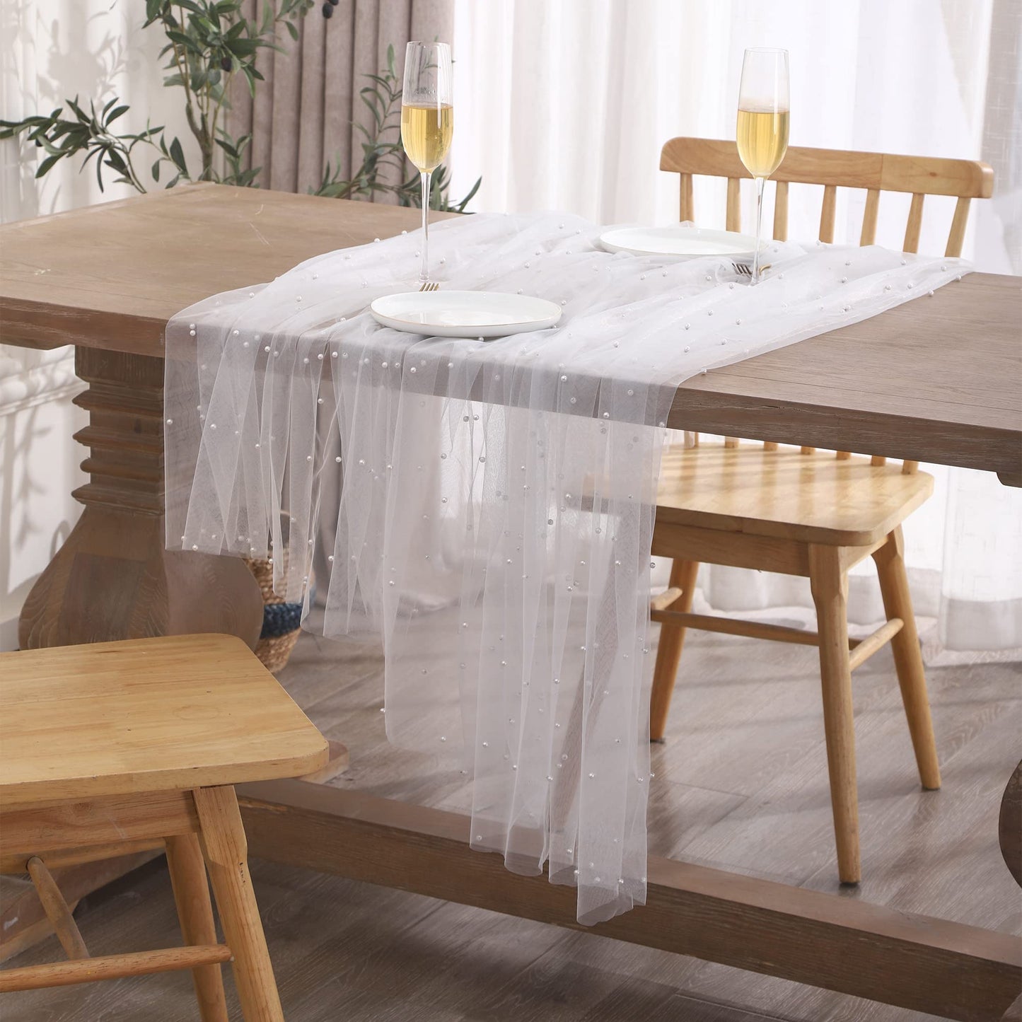 Tosleo Fairy Tablecloth White Pearl Table Cloth Summer Sheer Tulle Fabric Lace Table Cover Bridal Veil Tablecloths Chiffon Table Covers for Christmas Wedding Birthday Party(55 x 102 Inch)