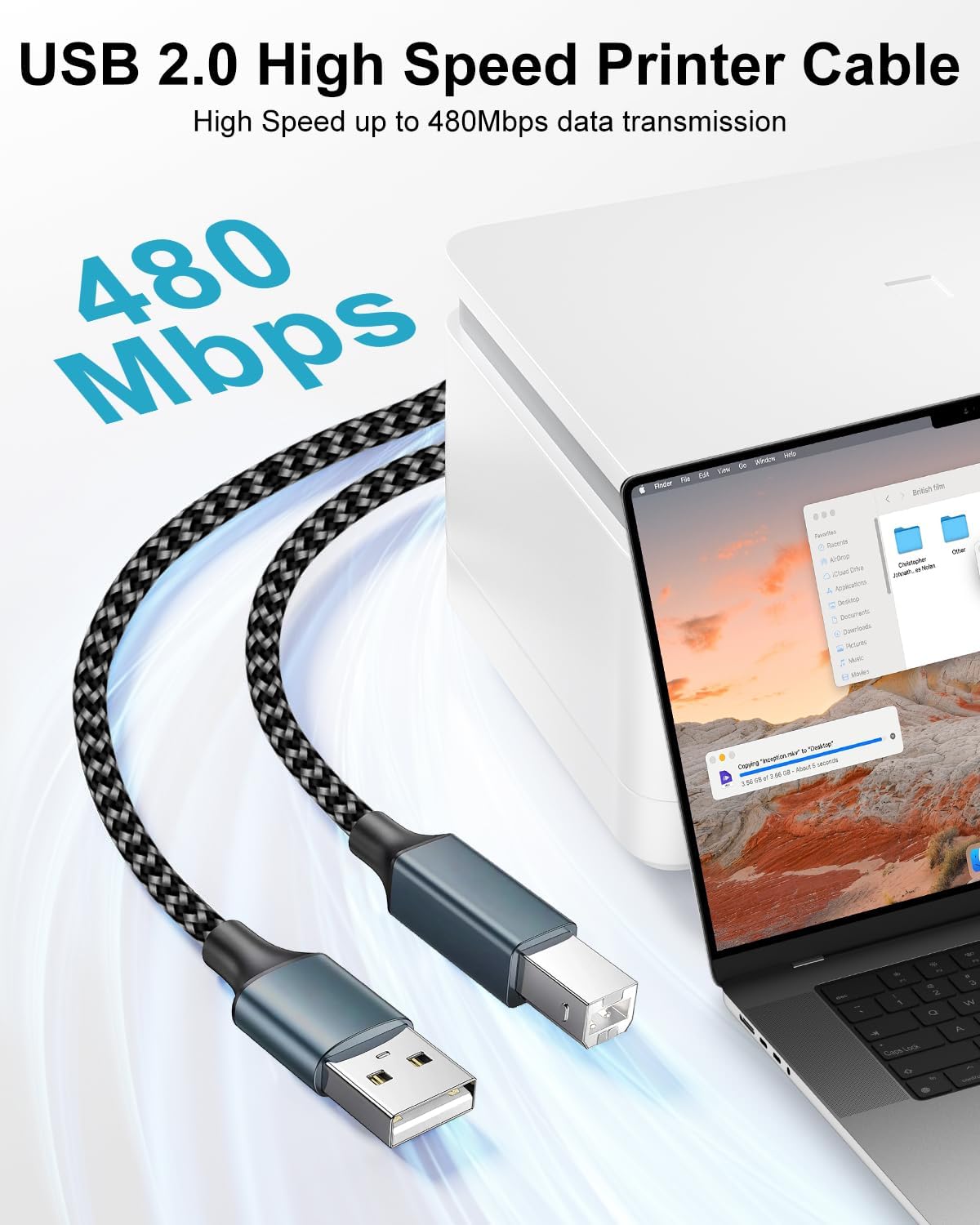 BLITEZZ 16ft, USB Printer Cable High Speed HP Printer Cable USB A to USB B Printer Cord, Universal Nylon Long printer