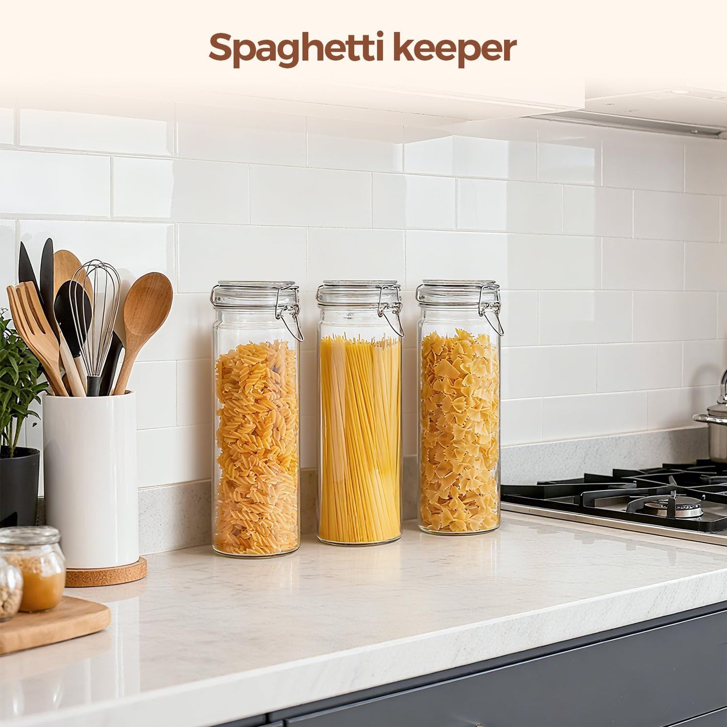 ComSaf 3-Pack 68oz 13-Inch Tall Glass Pasta Containers for Spaghetti & Long Pasta, Slender Airtight Canisters for Vertical Pantry Organization, Food Storage Jars for Linguine & Breadsticks
