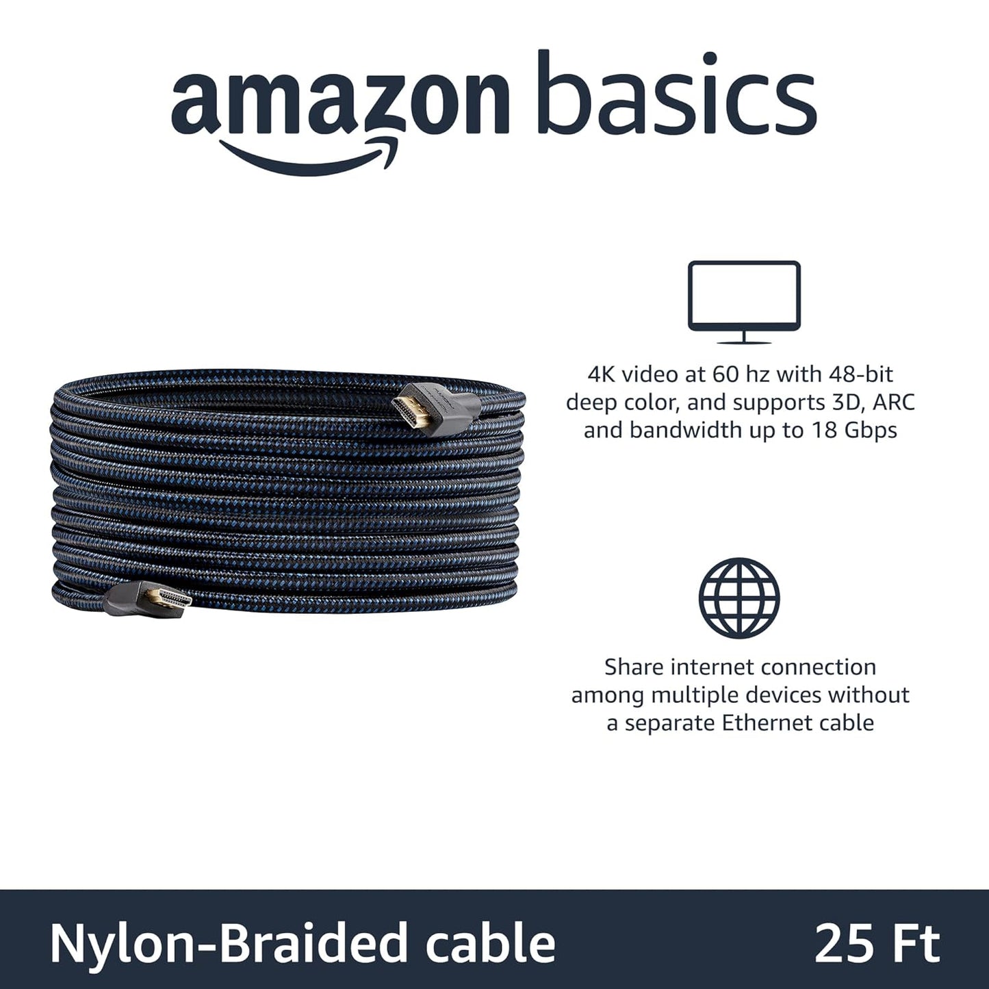 2.0 25ft, 4K@60Hz, 18Gbps, 2160p, 48 TV/PS5/Xbox/Roku/Blu-ray, Amazon Basics Nylon-Braided HDMI Cable, bit, Compatible