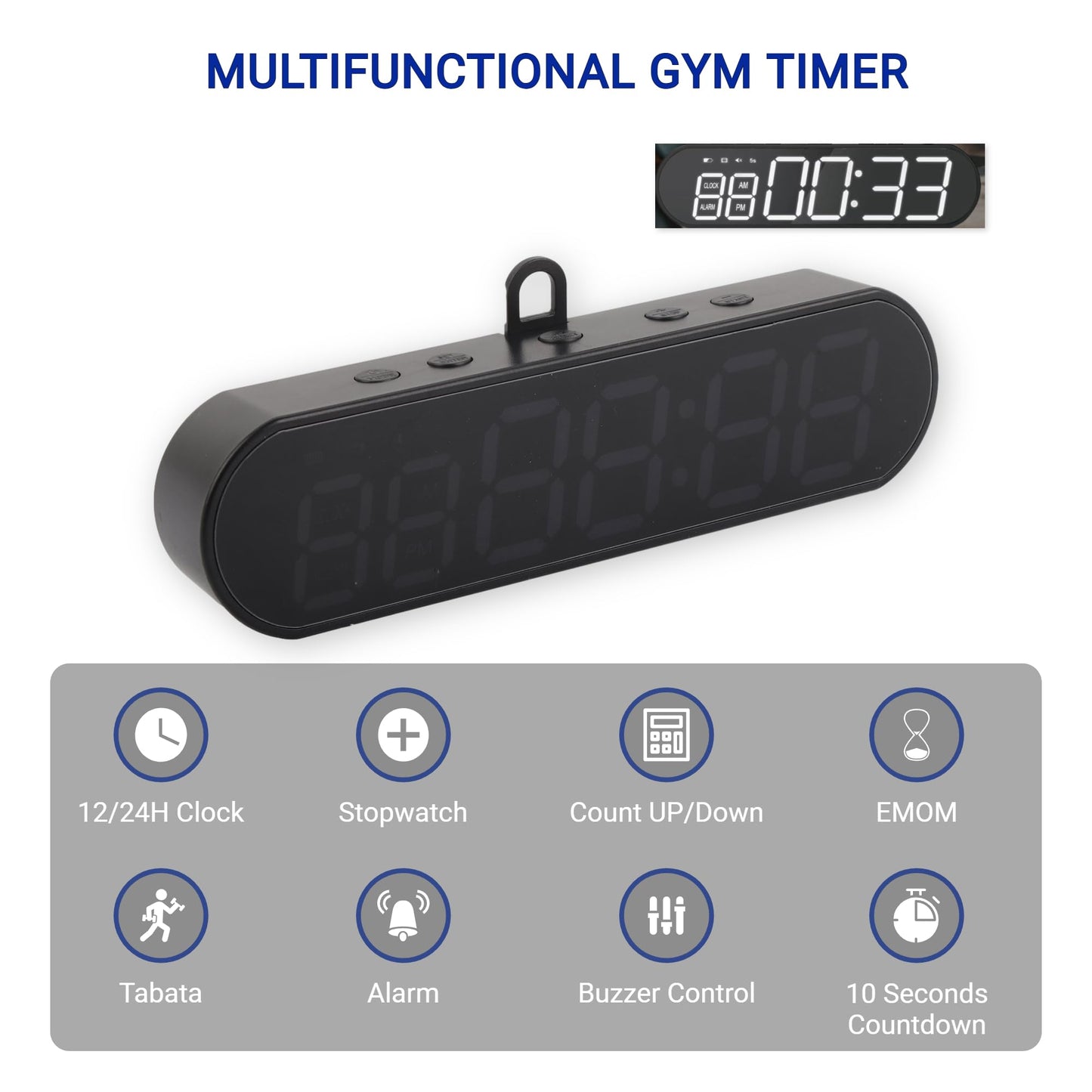 Portable Gym Clock Timer, Interval Workout Timer with Countdown/UP/Stopwatch/Alarm, 1000mAh USB Fitness Exercise Clock for Home Gym, Garage, School, Garden