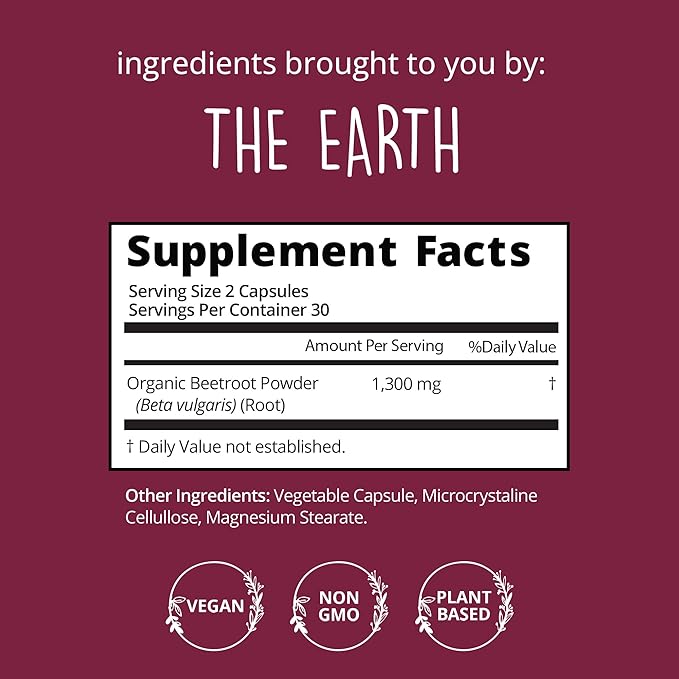 Organic Beet Root Capsules [1,300mg Superfood] ??Blood Pressure Support, Nitric Oxide Supplements for Men & Women, Flow & Circulation | Beetroot Powder, Antioxidant, Brain Food | Vegan, 60 Ct