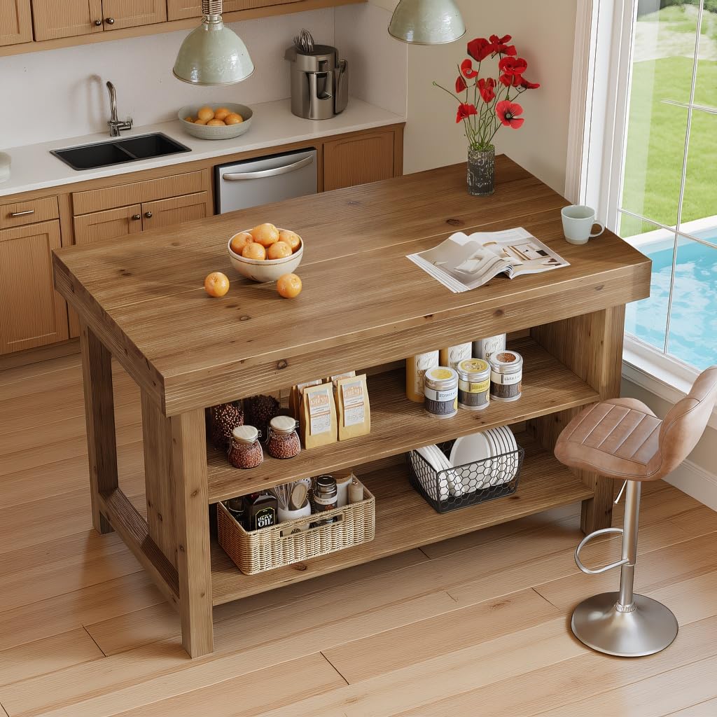 TRIBEWOOD 55" Solid Wood Kitchen Island with Storage, Farmhouse Kitchen Island Table with 3-Tier Open Shelves and Large Countertop for Kitchen, Dining & Living Room, Natural Oak