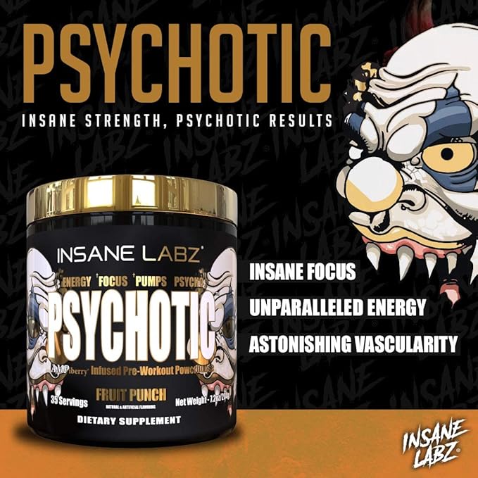 Insane Labz Psychotic Gold, High Stimulant Pre Workout Powder, Extreme Lasting Energy Focus, Pumps and Endurance with Beta Alanine, DMAE Bitartrate, NO Booster (35 Servings, Cherry Bomb)