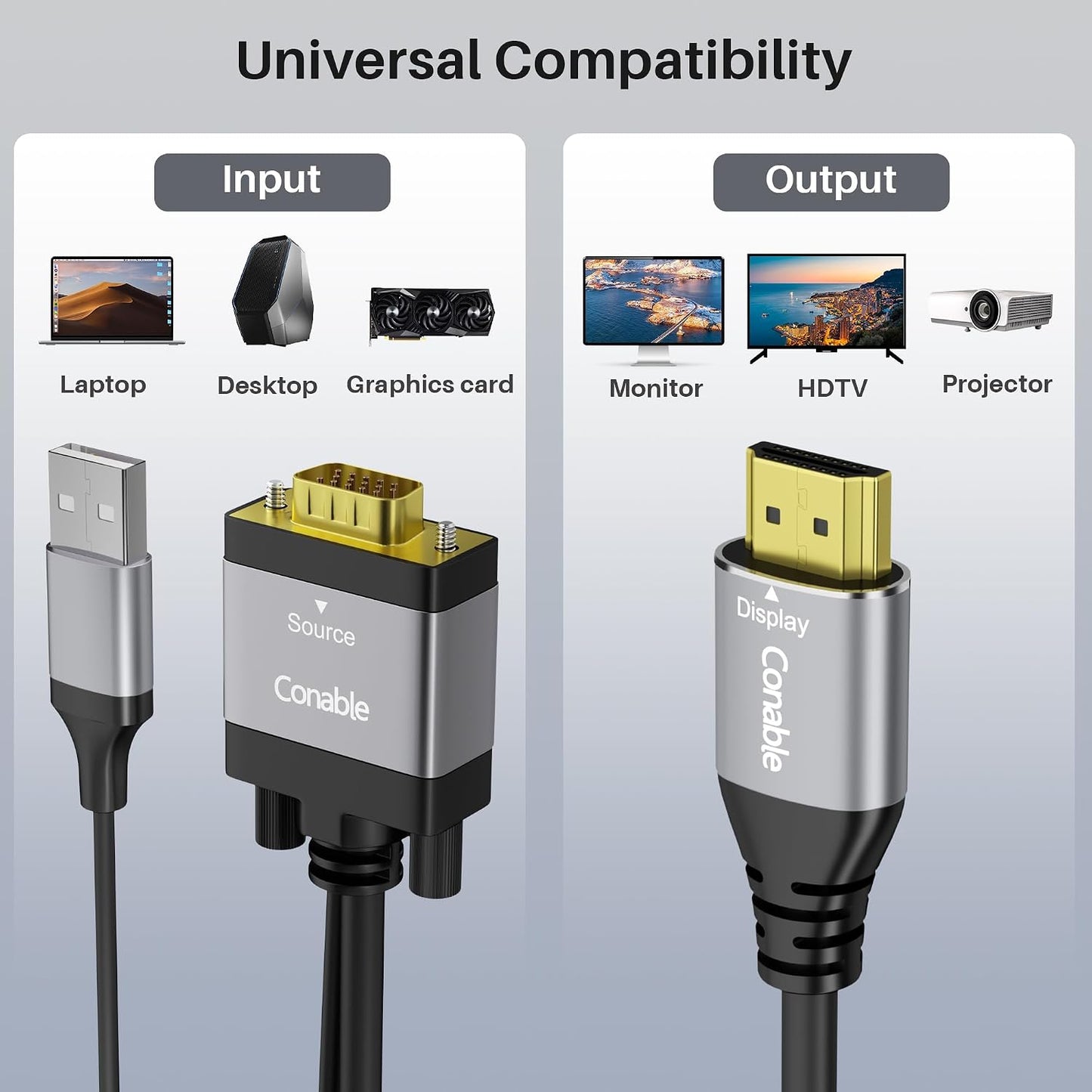 Conable 4 1080P@60Hz VGA to HDMI Cable FT with USB Power Supply, Real Video Output, Unidirectional Cable, from VGA