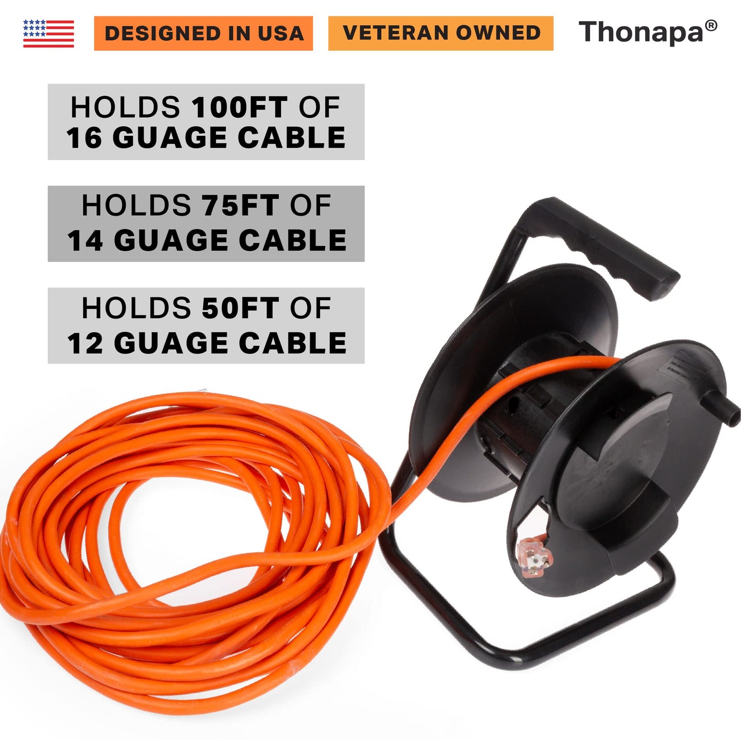 Thonapa Extension Cord Storage Reel, Black - Portable Cable Reel with Metal Stand, Holds Up to 100 Ft of Electrical Cord, Hose, Rope