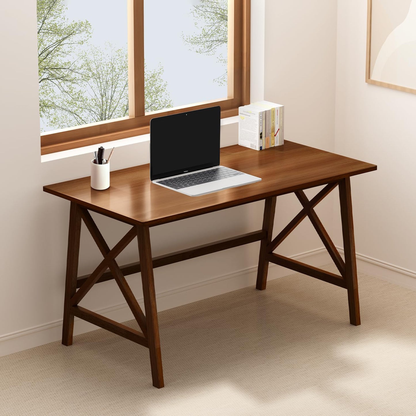 NELYE Modern Solid Wood Desk - 48" Simple Computer Table for Home Office Study Writing Workstation in Walnut, 48" W x 24" D