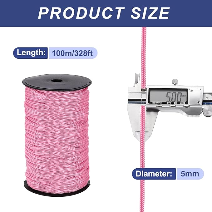 MECCANIXITY 3/16 Inch Polypropylene Rope Braided Ropes, 328ft Nylon Rope Hollow Utility Cord for Clothesline, Camping, Hiking, Outdoor, Pink