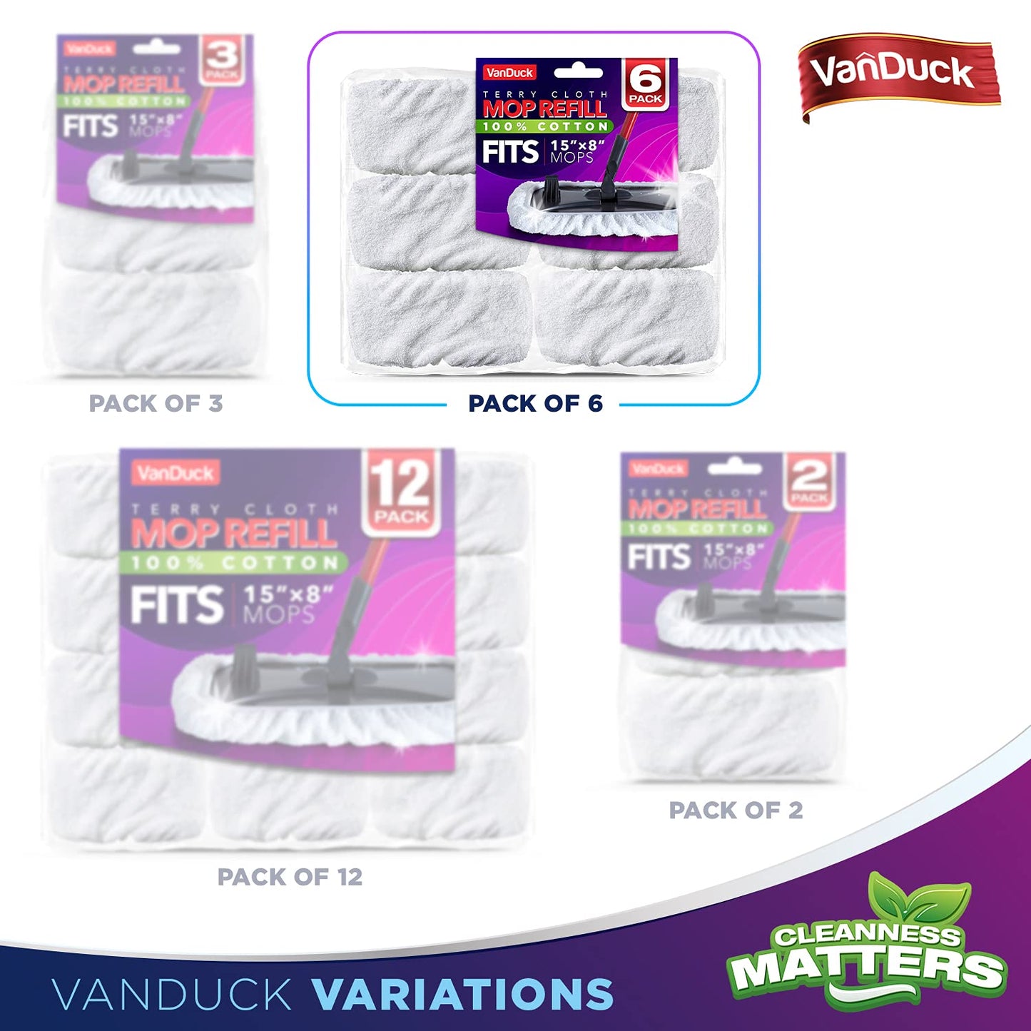 VanDuck 100% Cotton Terry Cloth Mop Pads 15x8 Inch 6-Pack (Handle is Not Included)