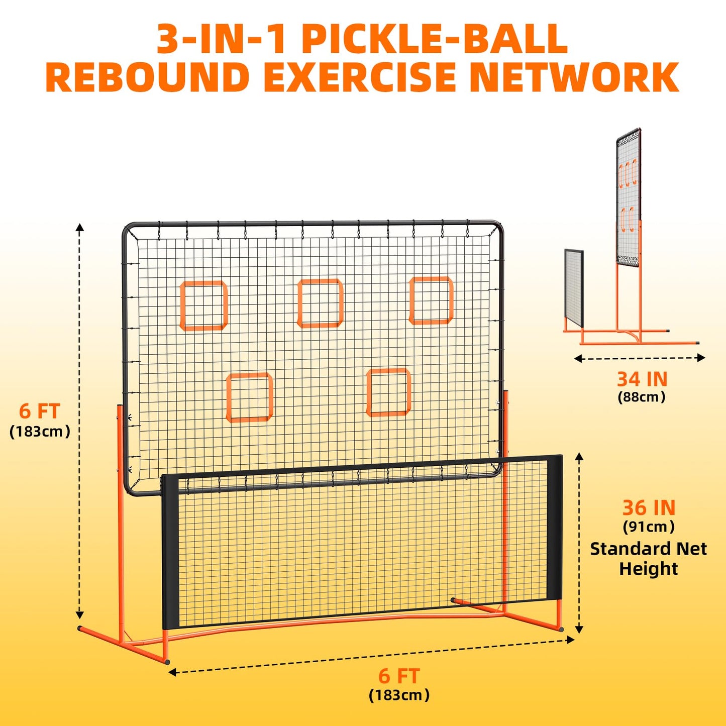 GCCSJ Pickleball Rebound Net, Pickleball Rebounder Training Equipment, for Single Player Practice Hitting, Doubles, Suitable for Garage, Backyard, Park, Indoor and Outdoor (Orange)