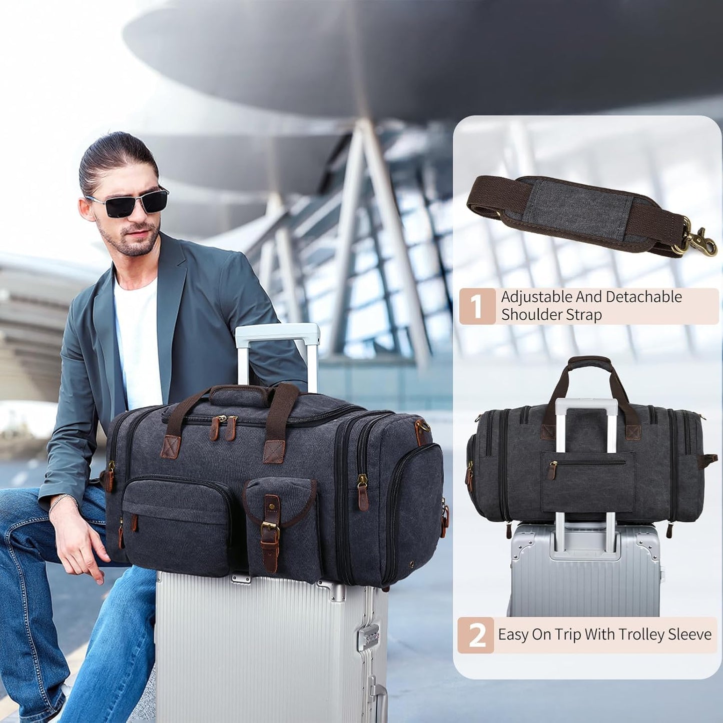Mens Duffle Bag for Travel 60L Expandable Canvas Weekender Overnight Travel Duffel Bag with Shoe Compartment Carry-On for Airplanes Dark Gray