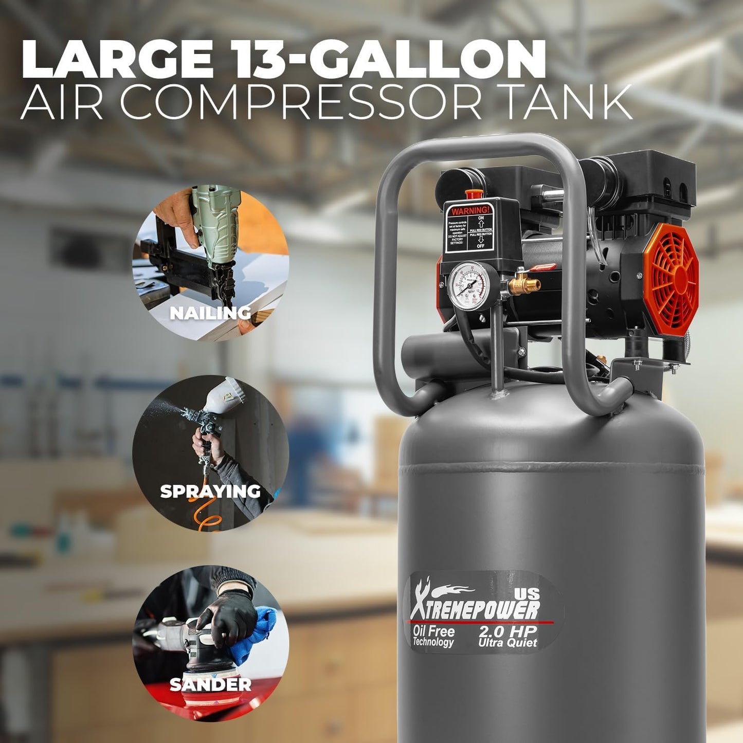 XtremepowerUS 2HP Air Compressor, 13 Gallon Ultra Quiet 1450W, 4.9CFM@90PSI, Oil-Free Air Compressor, 65dB Low Noise, Max 116PSI for Garage, Home Use, Tire Inflation, Nail Gun, DIY Projects