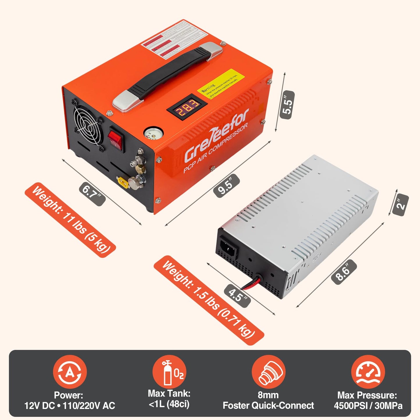 PCP Air Compressor, 4500 PSI / 30 MPa, Dual Power Car 12V DC or Home 110V/220V AC, Retractable Handle, Water/Oil-Free for Paintball/PCP Rifle/HPA Tank, Manual Stop, 250W, Orange