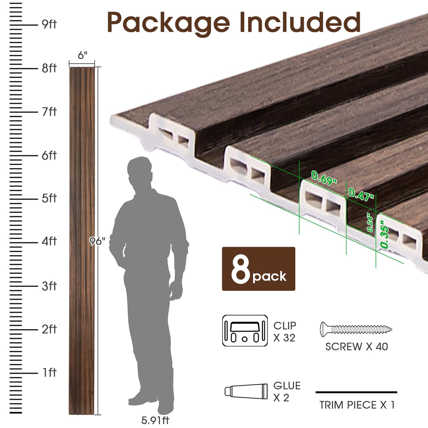 LARWORKS WPC Slat Wall Panels 8 Pack 96" x 6", Waterproof Fluted Wall Paneling, Accent 3D Wall Panel for Wall Decor, Bathroom, Bedroom, Office - Low Grille Walnut (Cover Approx.32 sq.ft)