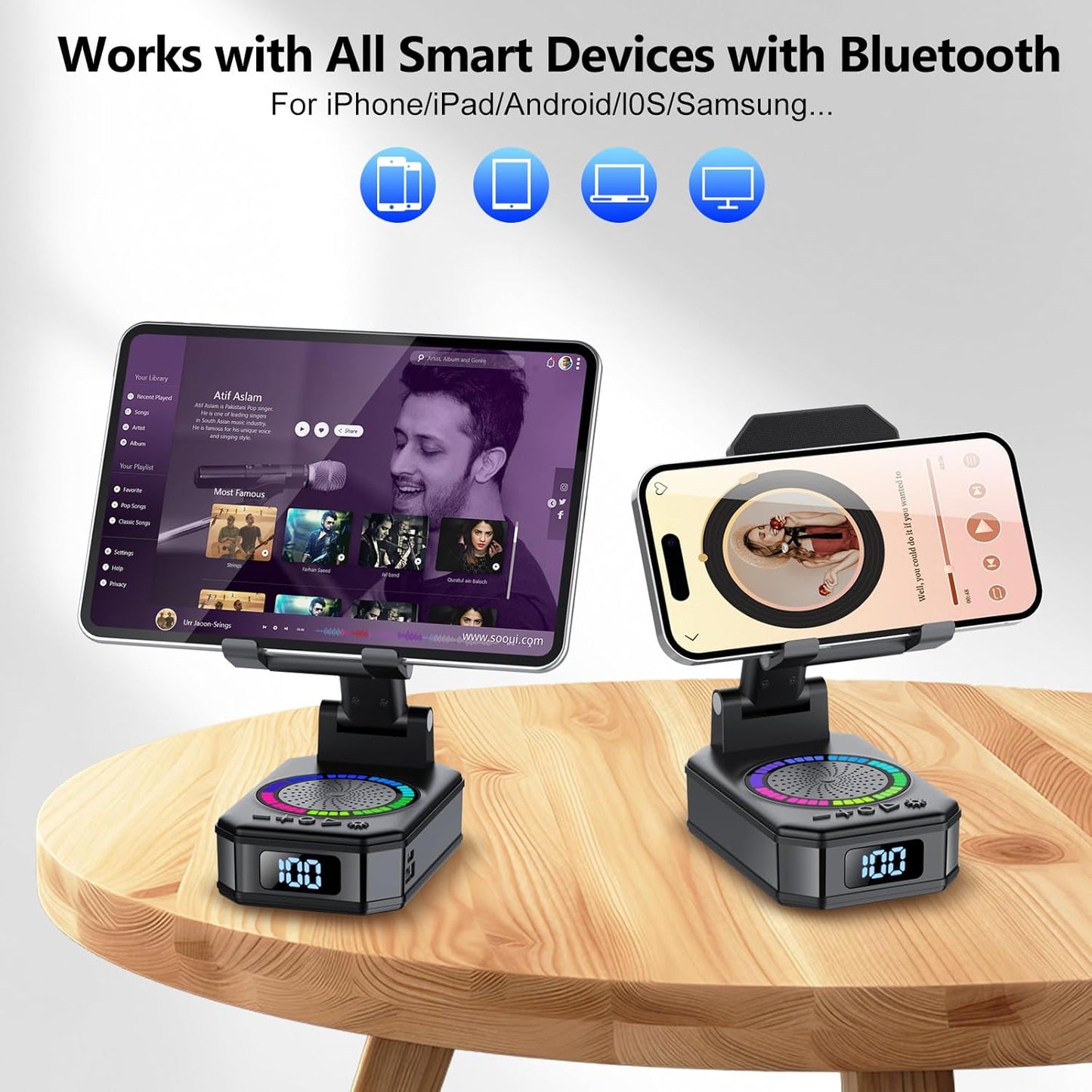 buwy 8 Gifts for Men Women, Cell Phone Stand with Wireless Bluetooth Speaker and RGB Ambient Light, Anti-Slip Base HD