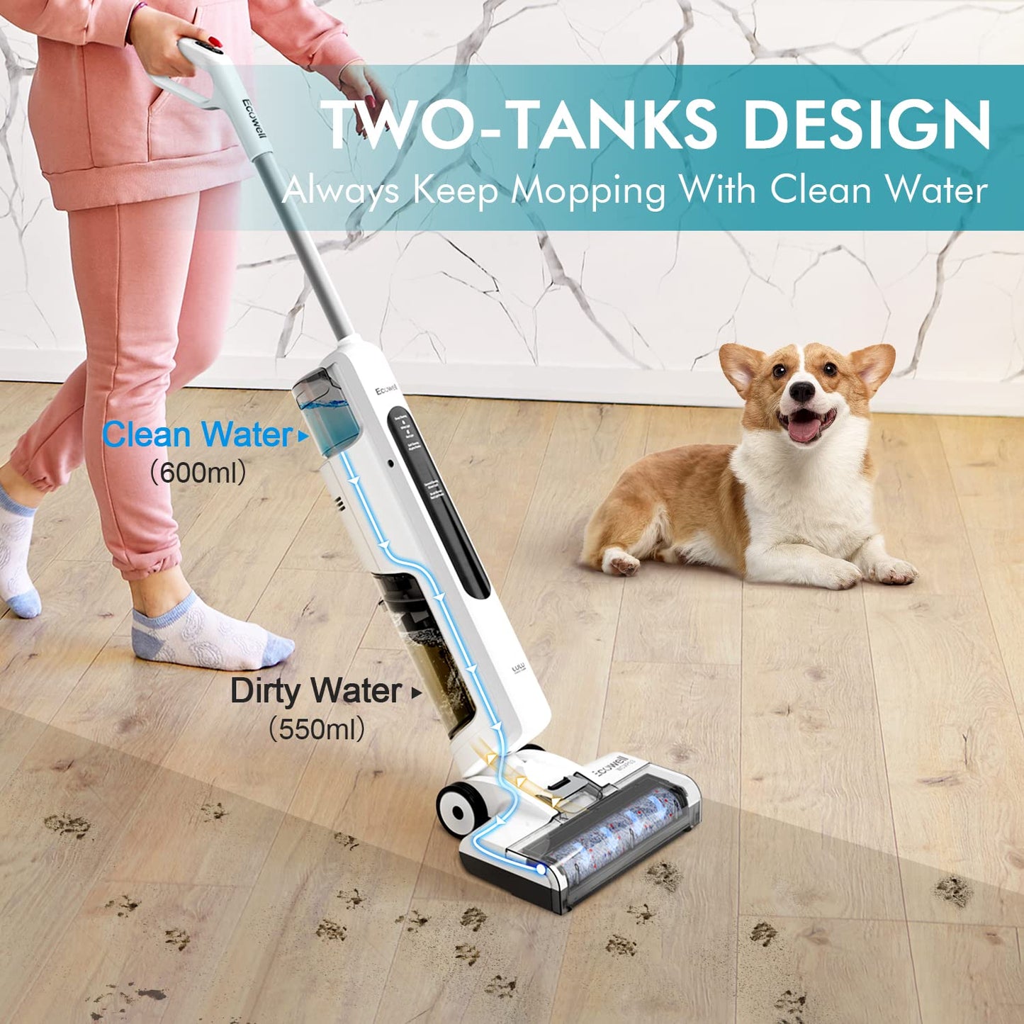 Ecowell Cordless Wet Dry Vacuum Cleaner and Mop, with Self Cleaning for Hard Floor and Area Rug Vacuum Cleaner, 8.2 Pounds