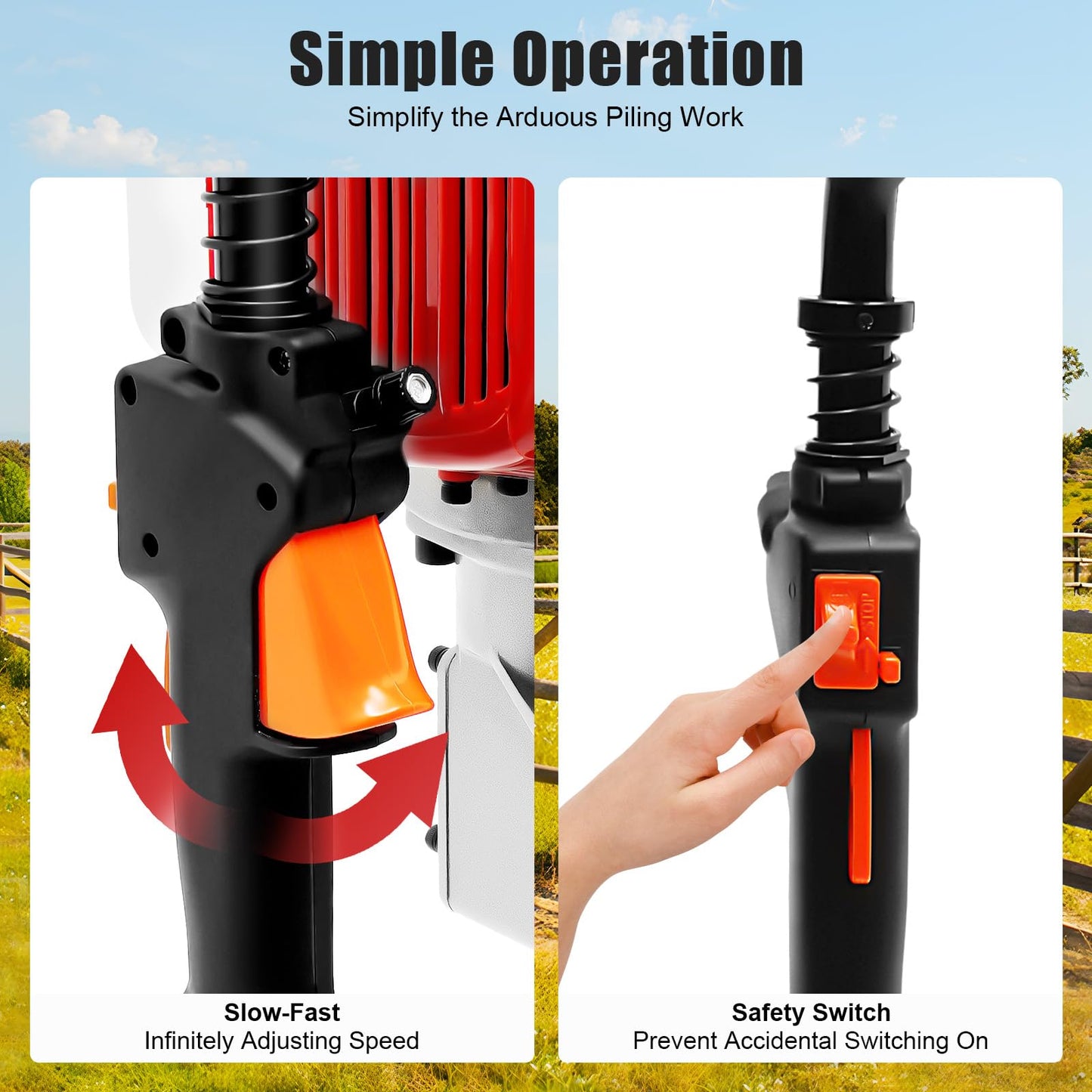 52CC 2 Stroke Gasoline Farm Fence Pile Driver 1900W 2800BPM Gas Powered T Posts Driver with 3 Post Driving Heads Gasoline Piling for Fence Post Construction