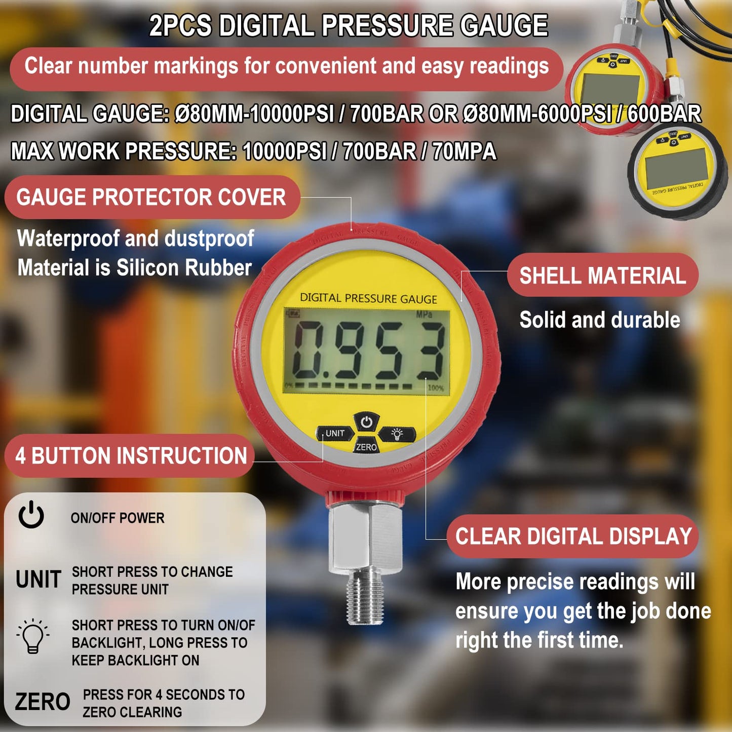 70M Hydraulic Pressure Test Checker Kit, w/ 10000PSI/70MPa Digital Pressure Gauges, 11 Couplings, 2 Test Hoses, Hydraulic Tester Coupling Kit for Excavator Construction Machinery Hydraulic Systems