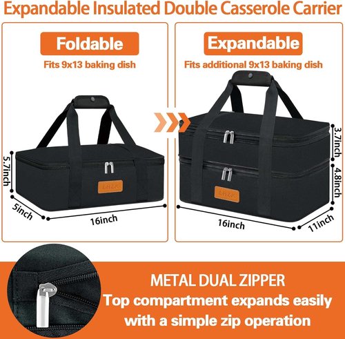 LHZK Insulated Casserole Carrier - Expandable Design for Hot or Cold Food | Fits 11 x 15 or 9 x 13 Dishes (Black)