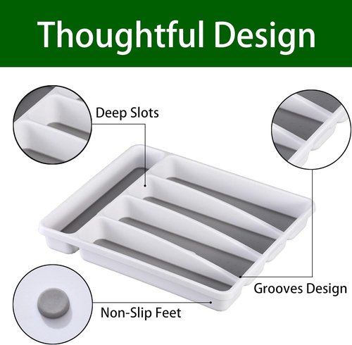 Loyareal Silverware Organizer - 5 Compartment Plastic Kitchen Drawer Tray | White Flatware Holder
