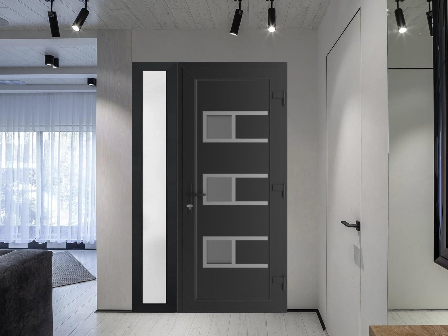 VDOMDOORS Front Exterior Prehung Metal-Plastic Door Frosted Glass | Manux 8933 Matte Black | Side Sidelite Transom | Residential Doors Entrance Patio Garage 42 x 80 (W30+12 x H80) Left-Inswing