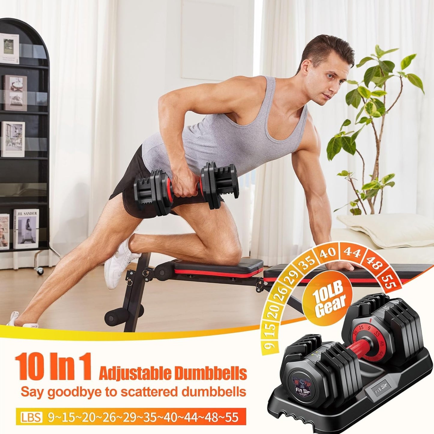 55LB Adjustable Dumbbell Set,10 in 1 Free Weights Dumbbell of 2 with Secure Locking Mechanism for Safe,1 Sec Speed Adjustment Men/Women Gym and Home Strength Training Equipment.