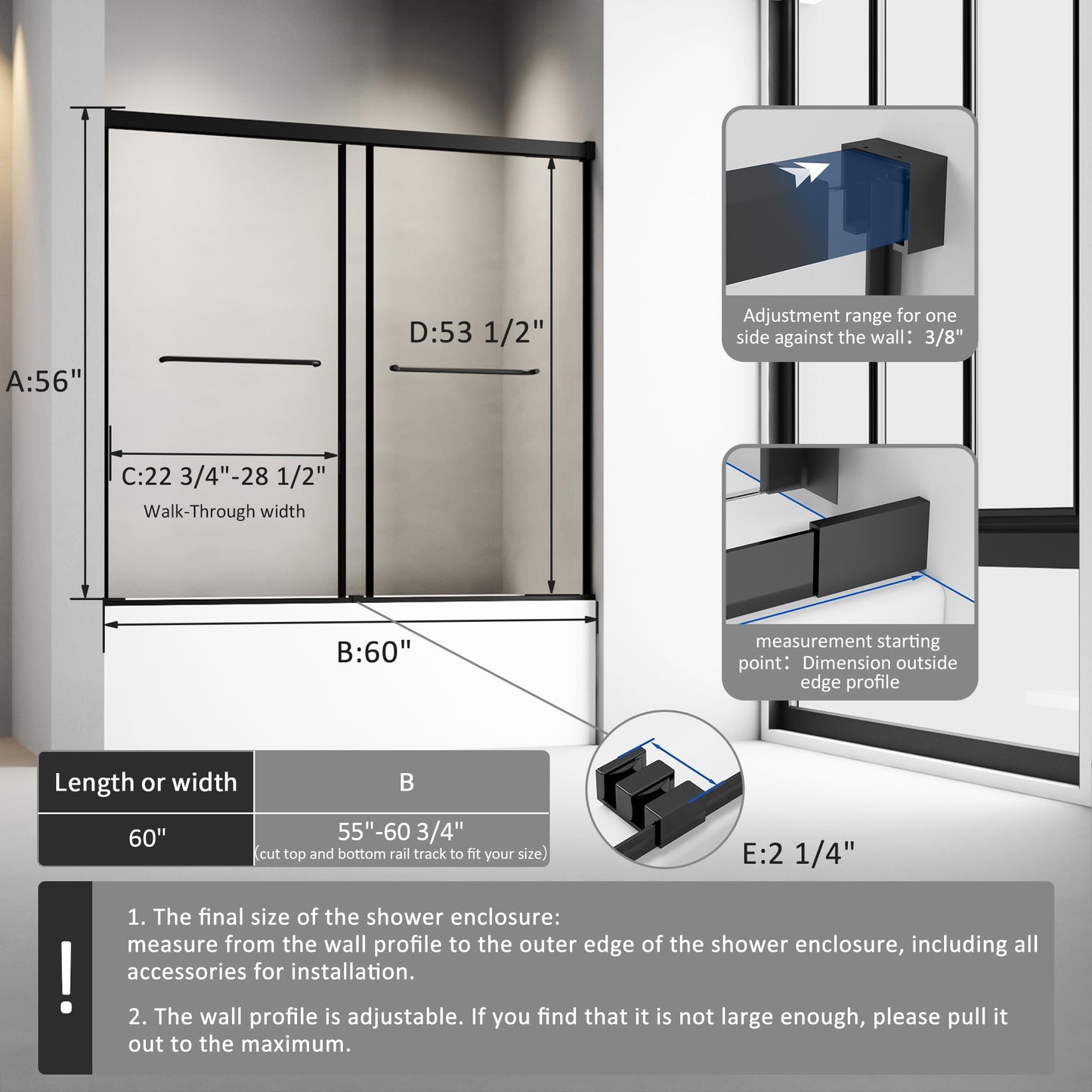 Foskbaths Bathtub Sliding Door 55"-60" W x 56" H Tub Shower Door, Bathtub Glass Door Double Sliding Tempered Glass with Explosion-Proof Film Stainless Steel Matte Black
