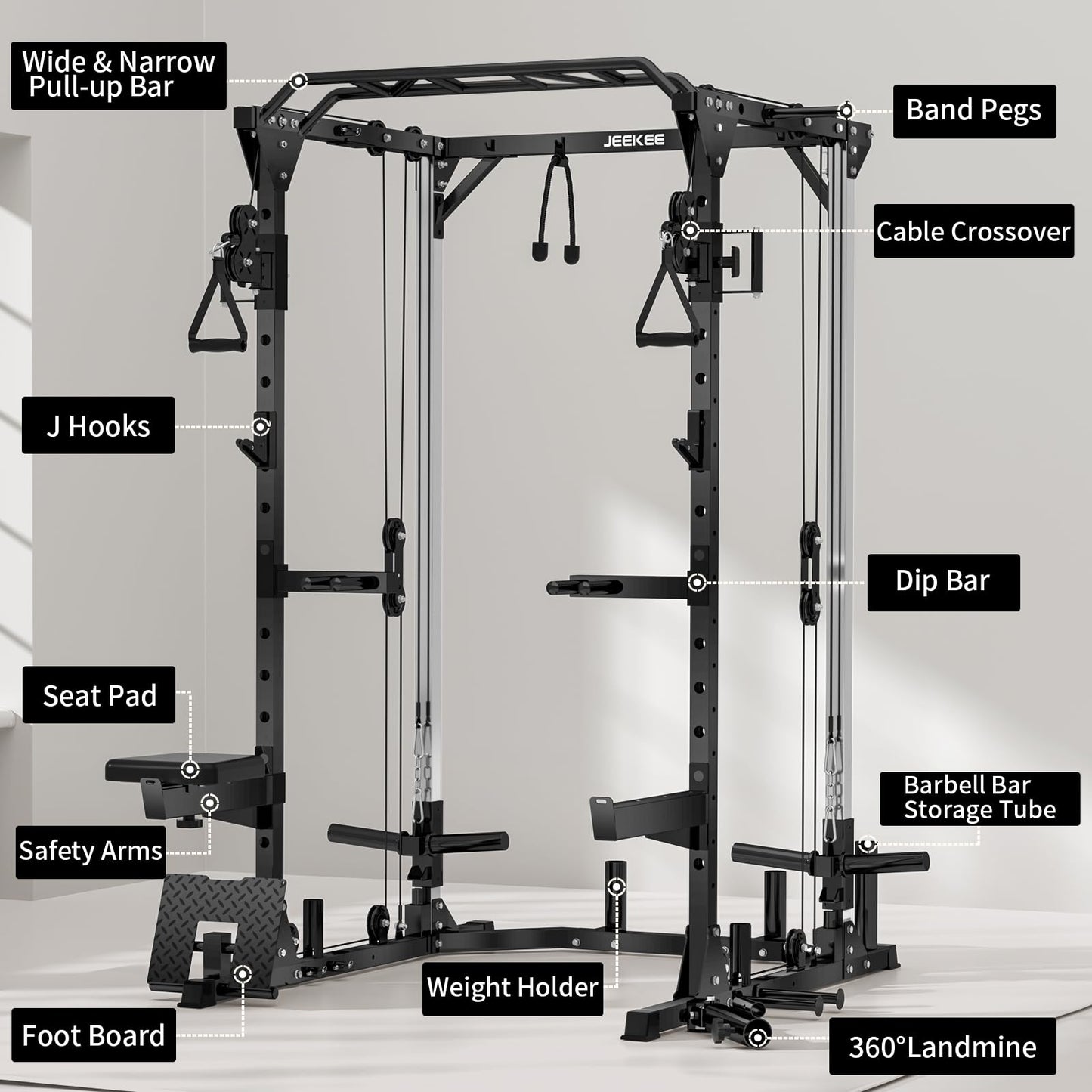 JEEKEE Power Cage with Cable Crossover System, 2000LB Multi-Function Power Rack with Independent Dual Pulleys, LAT Pulldown Seat Cushion, 20+ Attachments Squat Rack for Home Gym Workout,Black