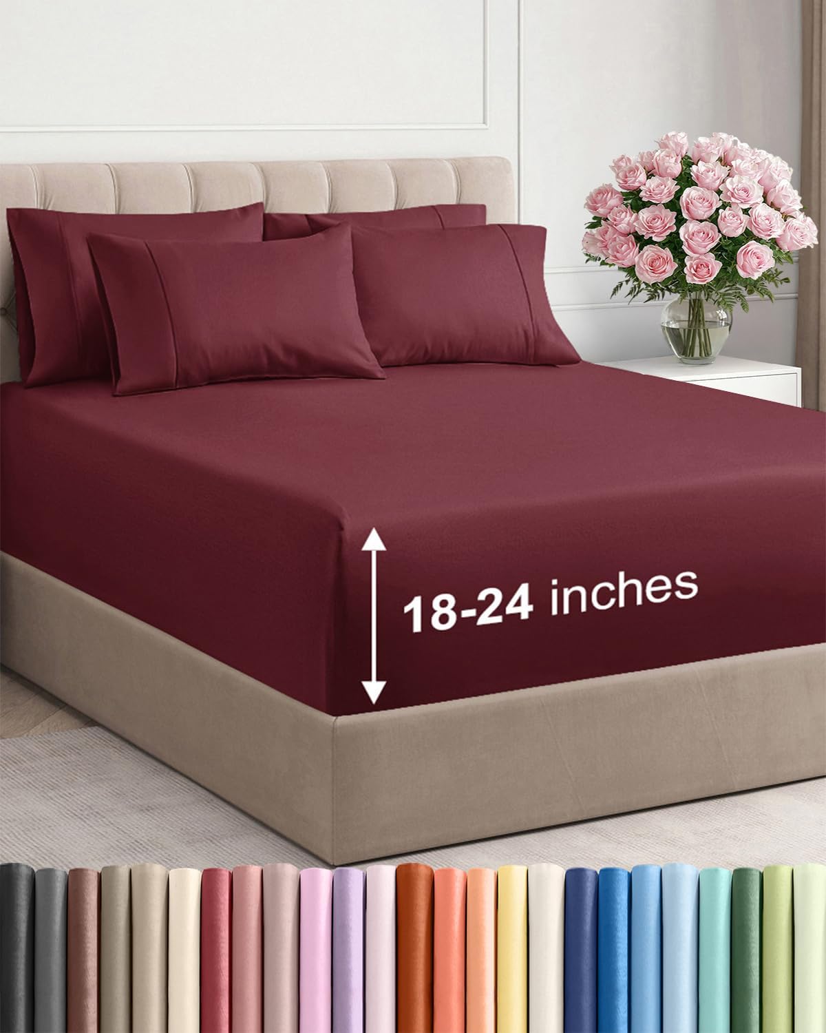 Skiennix Extra Deep Cal King Sheet Set - 6-Piece Breathable Cooling Bedding - Soft, Wrinkle-Free Burgundy