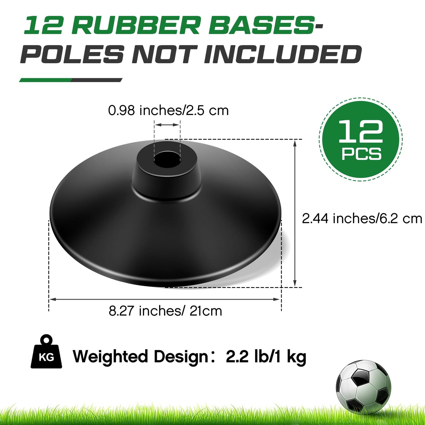 Landical 12 Pcs Weighted Slalom Pole Rubber Bases for Soccer Agility Poles 2.2 lb Pole Base for Soccer Training Equipment Set Accessory Lacrosse Field Hockey Track Field