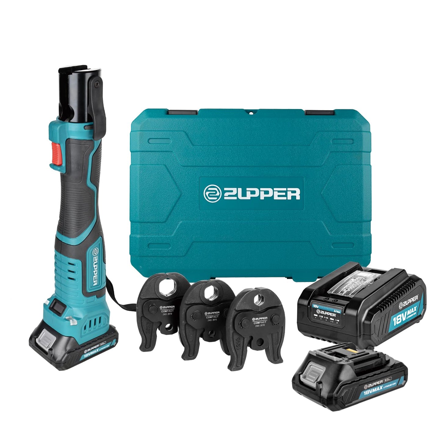ZUPPER Press Tool, 18V Electric Pipe Crimping Tool for 1/2", 3/4", 1" Copper Pipes, Compact Press Tool Kit Suitable for Copper ProPress fittings - with Brushless Motor, 3 VUS Press Jaws, 2pcs Battery