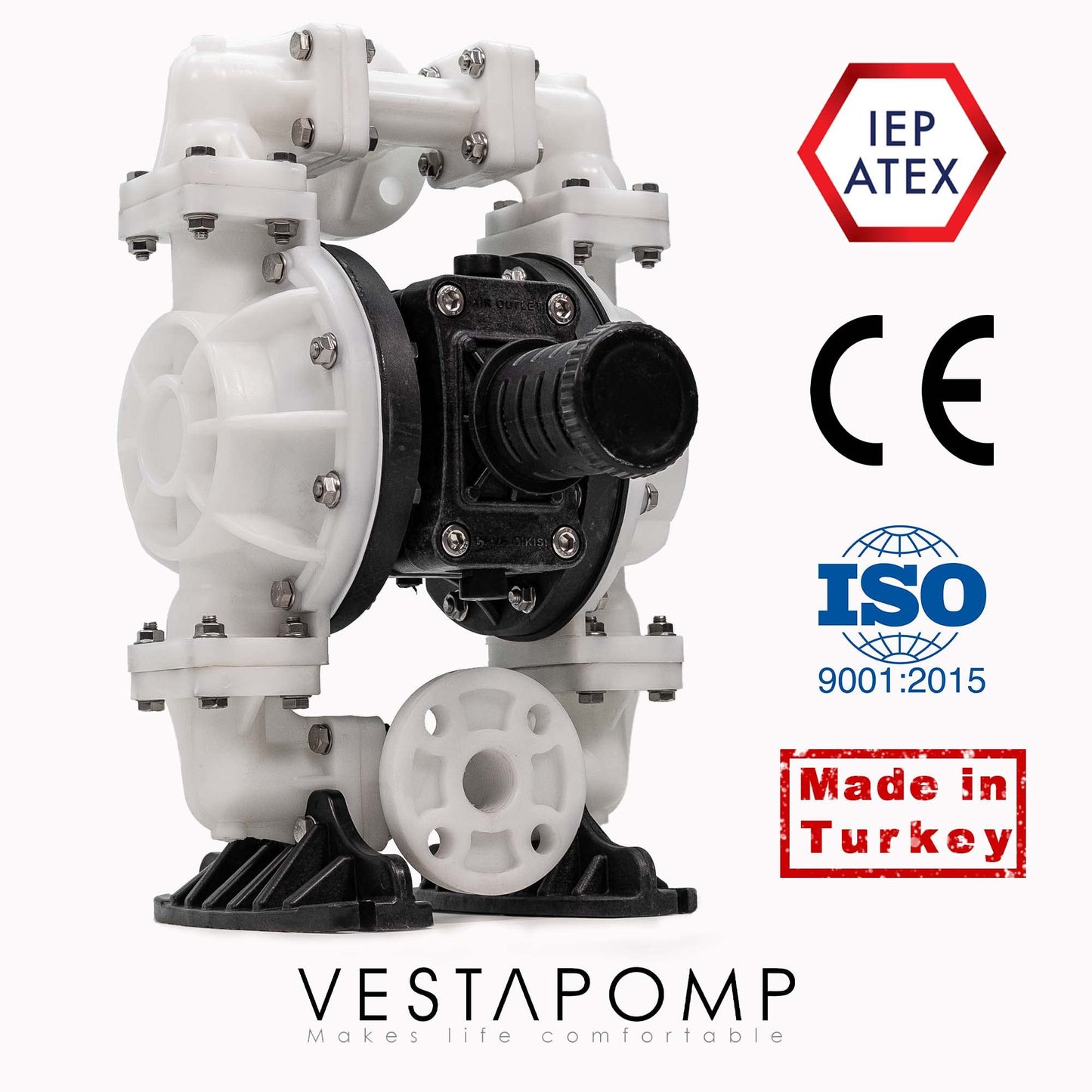 Vestapomp Air Operated Diaphragm Pump - Chemical Transfer - Diaphragm Pump Air - AODD Double Pneumatic Transfer (1" Inch Discharge, Polypropylene Body + Santoprene, 40 GPM, 100 PSI)