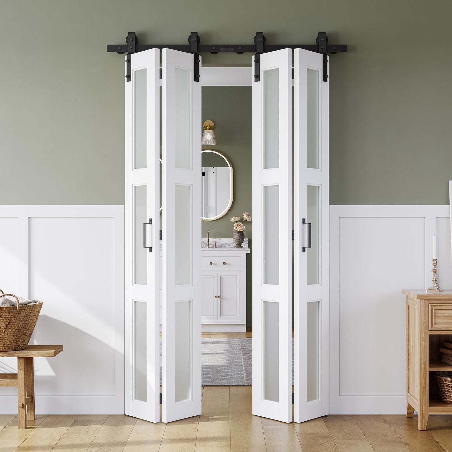 SMARTSTANDARD 56in x 84in Bifold Barn Door, Frosted Glass Barn Door with Hardware Kit Included, Pre-Drilled Holes Easy Assembly -Solid Barn Doors Slab Covered with Water-Proof PVC Surface, White