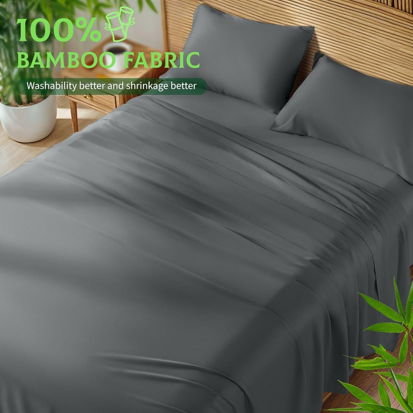 SONORO KATE Bamboo Viscose Bed Sheets - Ultra Soft & Cooling, Extra Deep Pocket (Dark Grey, Queen)