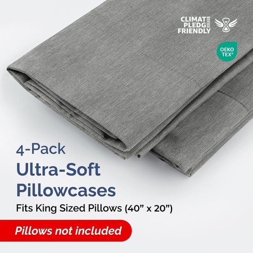 King Pillow Cases by LuxHome - Ultra Soft Hotel Quality Covers | Wrinkle-Free & Fade Resistant - 4 Piece Set in Heathered Grey