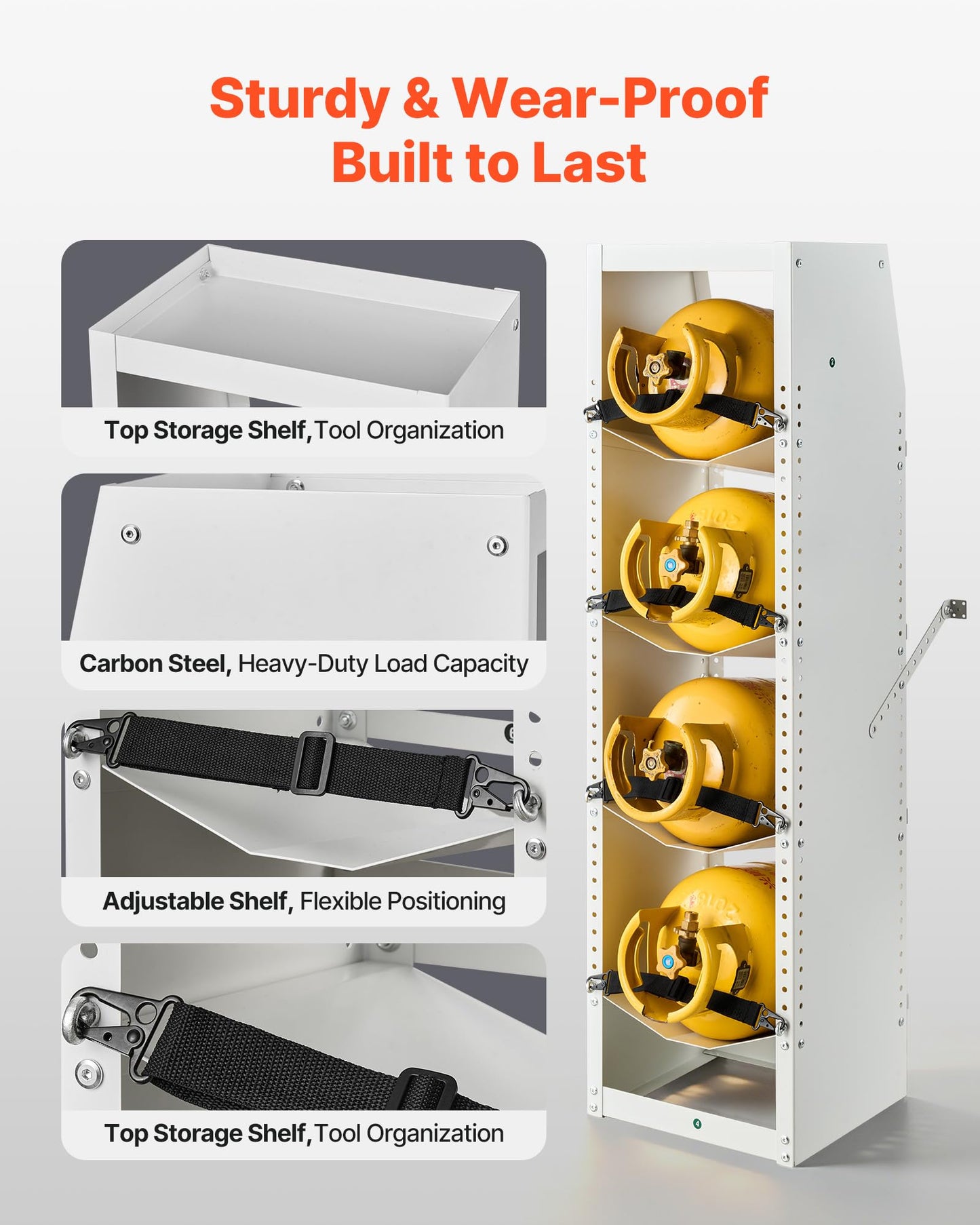 VEVOR Refrigerant Tank Rack, 14.8 x 13 x 52 inches, 4 Tiers for 4 Cylinder, with Top Storage Shelf, White Powder-Coated Carbon Steel, Cylinder Tank Rack for Cargo Van, Storing Oxygen, and Nitrogen