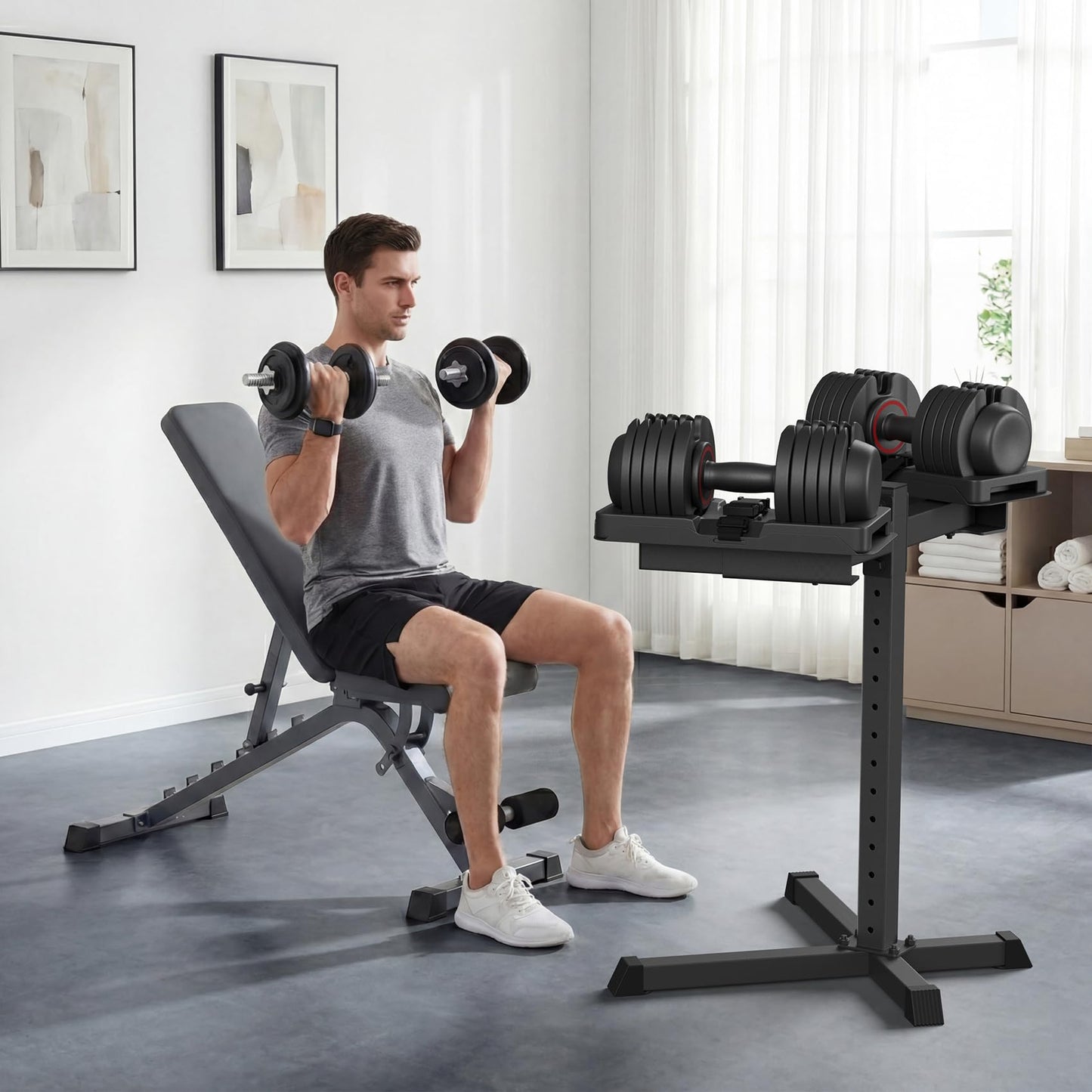 Jusgym Adjustable Dumbbell Stand, 35" Height Adjustable Dumbbell Rack, 300LBS Capacity Home Gym Storage Rack with 90°Rotating Platform（Rack Only）