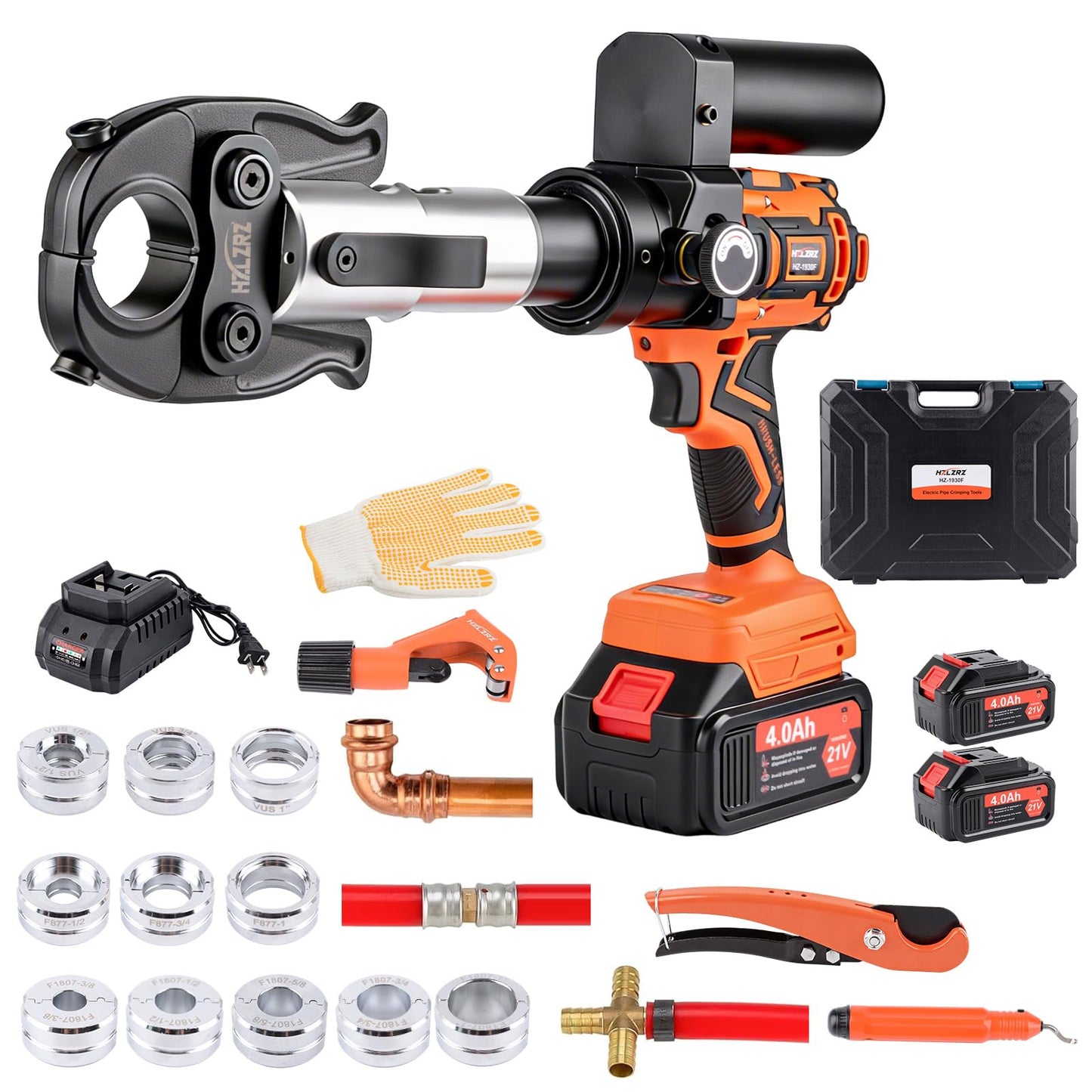 HZLZRZ Upgraded 21V Pro Press Tool Kit Cordless Plumbing Press Tool for Copper and PEX Pipes, Includes 1/2, 3/4, 1” Copper & 3/8”–1” PEX Dies, F877 Stainless Steel Sleeves, 2-Pack 4.0Ah Batteries Case