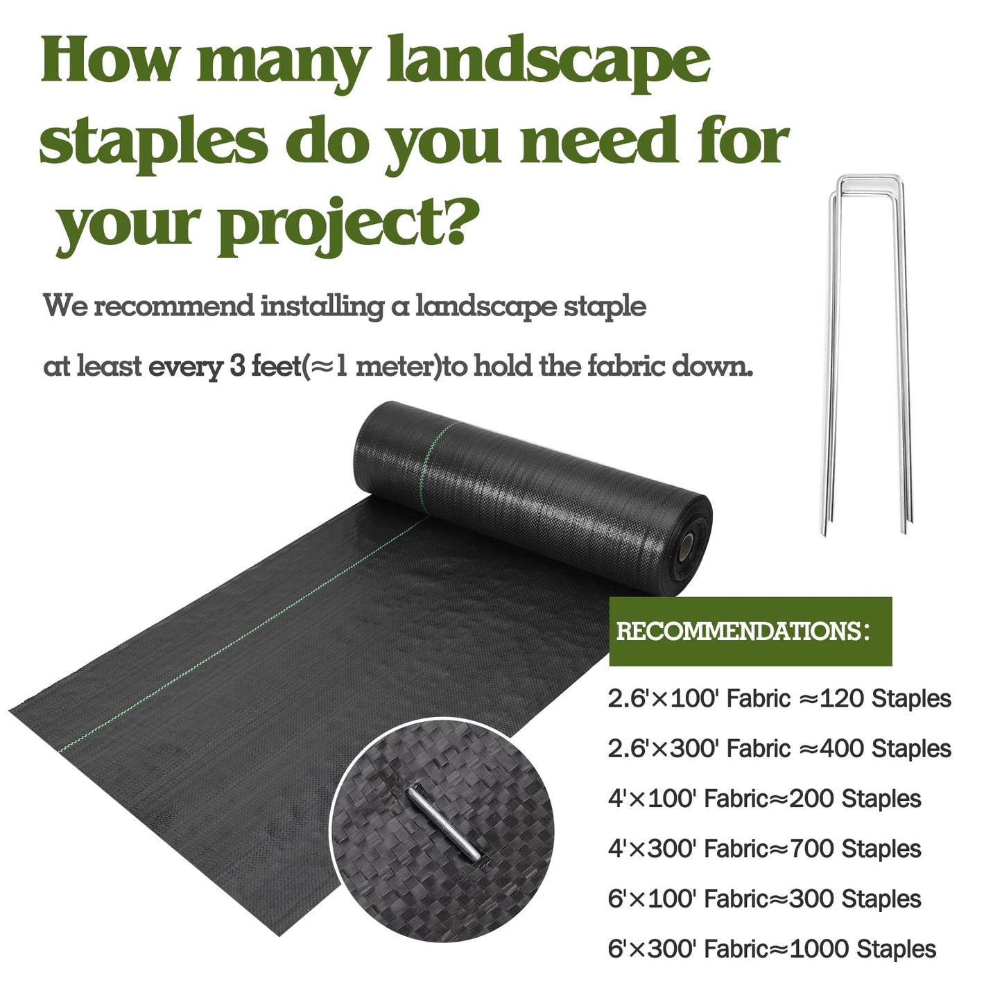 HongWay 6FT x 300FT Weed Barrier Landscape Fabric Heavy Duty, Woven Geotextile Weed Blocker Fabric with 120 U-Shaped Securing Pegs, Weed Control Mats Ground Cover for Garden Beds, Commercial Driveway