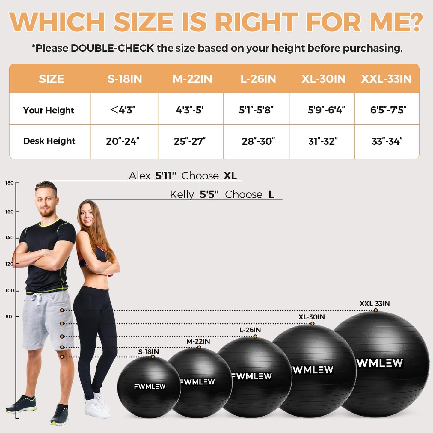 FWMLEW Extra Thick Exercise Yoga Ball, 5-Size Anti-Burst Heavy Duty Stability Gym Ball for Fitness, Core Workout, Pregnancy & Office Chair, Includes Quick Pump (S(15-18ines/38-45cm))