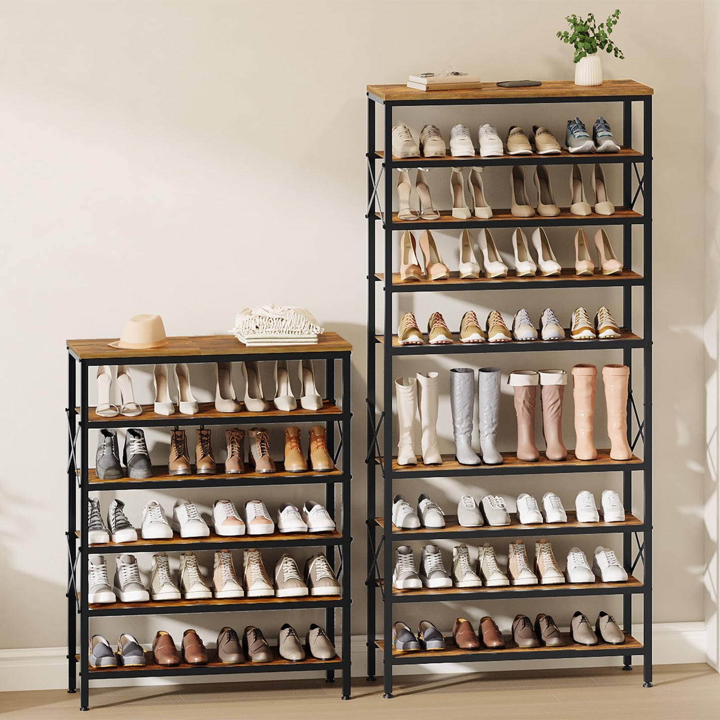 YATINEY 10-Tier Tall Shoe Rack and 12-Tier Tall Shoe Rack Organizer, Wooden Shoe Storage for Closet Holds 48 Pairs, Sturdy Shoe Shelf with X-Shaped Metal Support, for Entryway SS210BR-SS212WW
