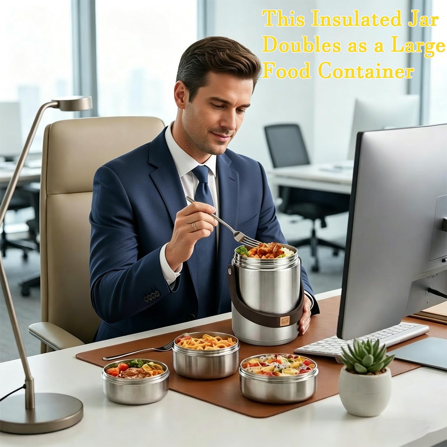 67oz Adults Stainless Steel Vacuum Insulated Thermal Lunch Box, 3 Tier Stackable Sealed Leak-Proof Wide Mouth Portable Bento Food Container, Hot Food Thermo Jar for Soup Office & Outdoor (Silver)