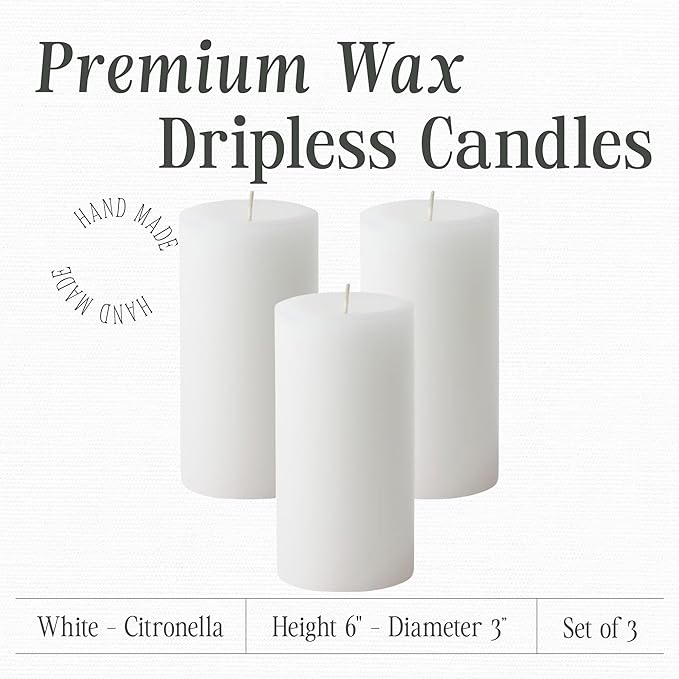 Mister Candle Citronella Candles, Ideal for Outdoor & Indoor, 3x6 Pillar Candles Set of 3, Hand Poured White, Premium Wax & Dripless, 60 Hour Burn Time