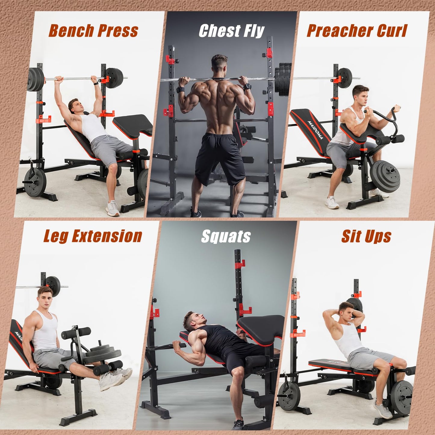 MAIDOMA Weight Bench Set with Leg Extension and Leg Curl, Adjustable Bench Press Set with Squat Rack, Foldable Flat Incline Decline Workout Bench for Home Gym Full Body(US Stock) (Red)