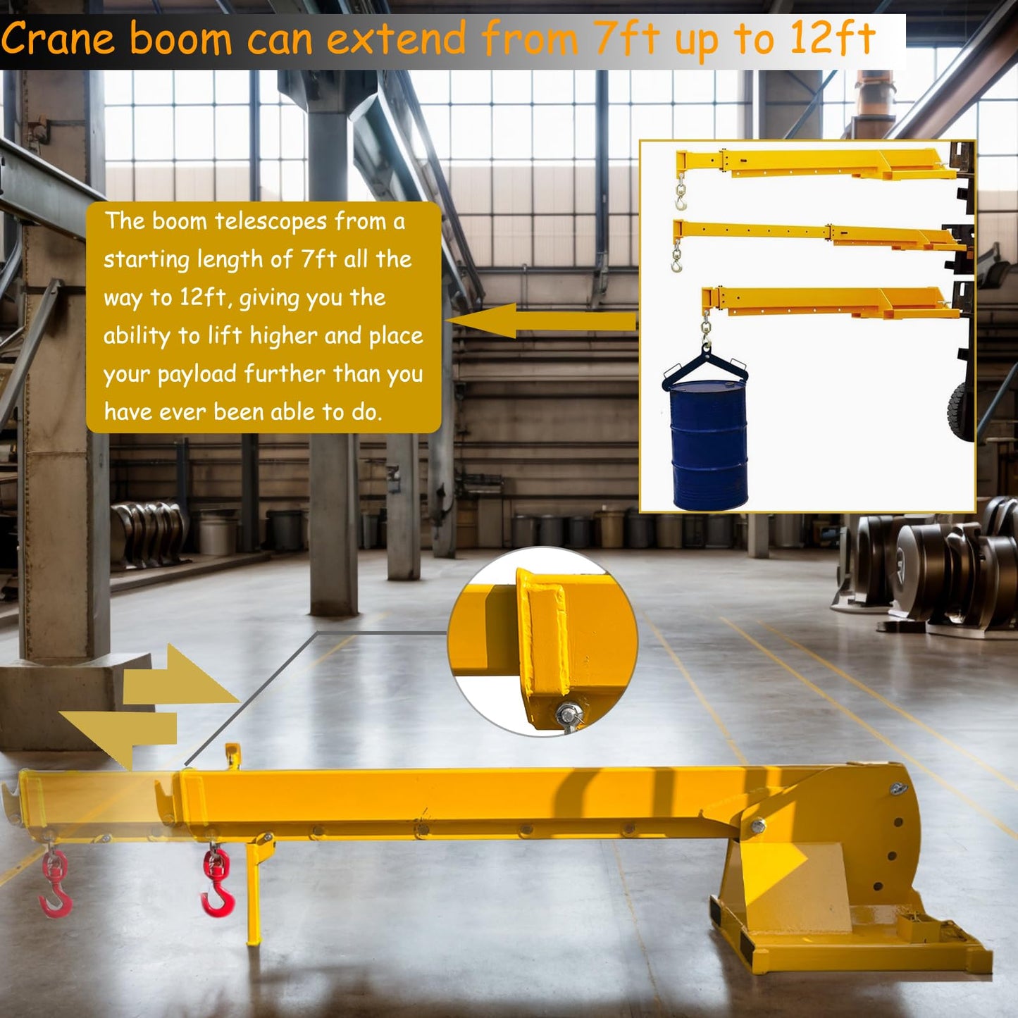 PreAsion 6600LB Capacity Forklift Jib Boom Crane, Adjustable Boom Length 7-12ft Manual Telescoping, Mobile Crane Lifting Hoist with Two Swivel Hooks, Lifting Angle 0-75°, Compatible with Pallet Forks