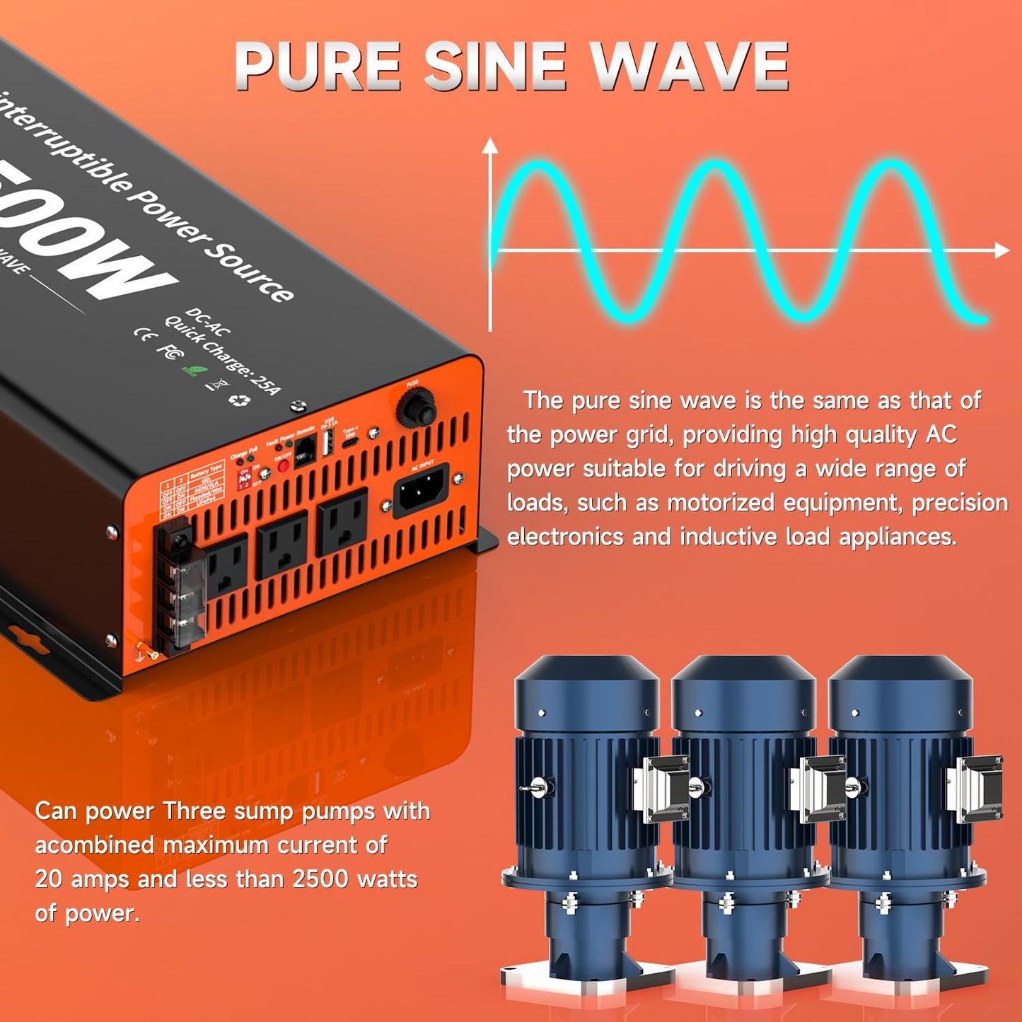 2500 Watt Sump Pump Battery Backup System, Pure Sine Wave Output, Professional Backup System in The Event of a Power Outage, Remote Controller with LCD Screen, Automatic Grid and Battery Switchover