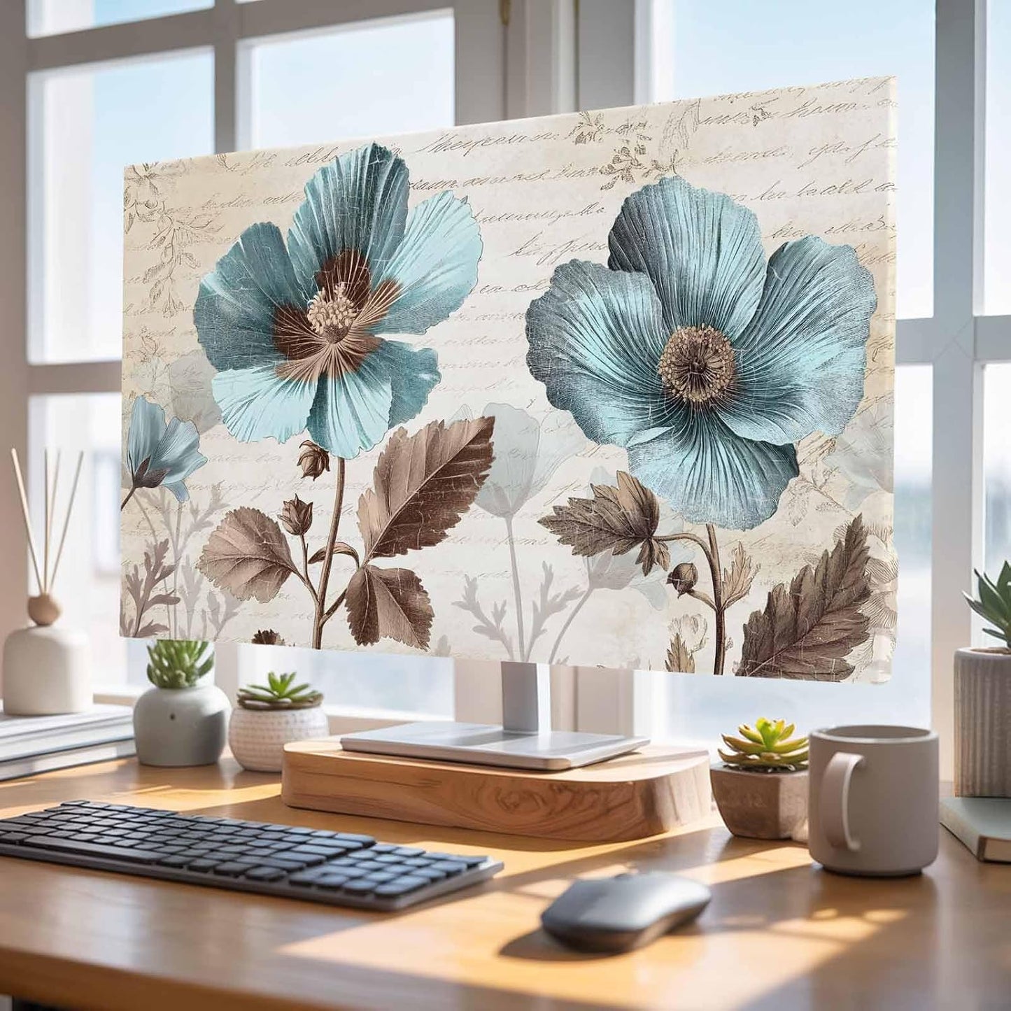 Yukro 32 Inch, 28"x16" Rustic Blue Indoor TV Dust Cover, Broccoli Flower Leaf Farmhouse Vintage Brown Elastic TV
