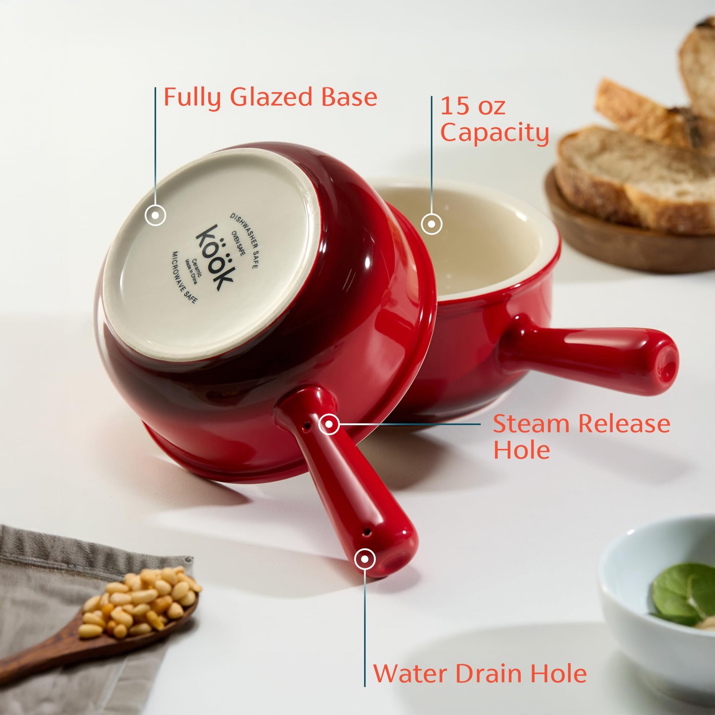 KooK French Onion Soup Bowls, French Onion Crocks, Bowl with Handles, 15 oz, Set of 4, Ceramic Bowls, Microwave, Dishwasher Safe & Oven safe, Stoneware (Red Ombre)