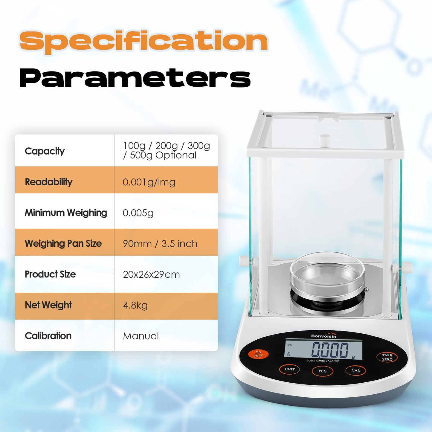 Bonvoisin Analytical Balance 500gx1mg Precision Lab Scale Digital Electronic Scale 1mg Laboratory Analytical Scale LCD Display Scientific Scale with Windshield (500g, 0.001g)
