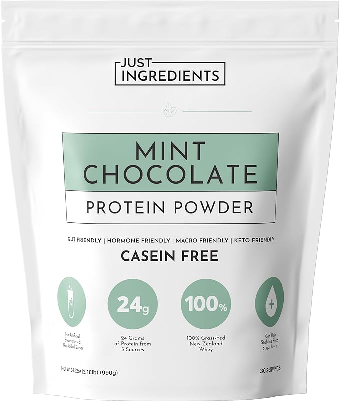 JUST INGREDIENTS Mint Chocolate Protein Powder ??30 Serving Bag ??Grass-Fed Whey & Plant Protein Blend with Real Cocoa & Peppermint ?“Sweetened, Non-GMO, Gluten-Free, No Artificial Flavors